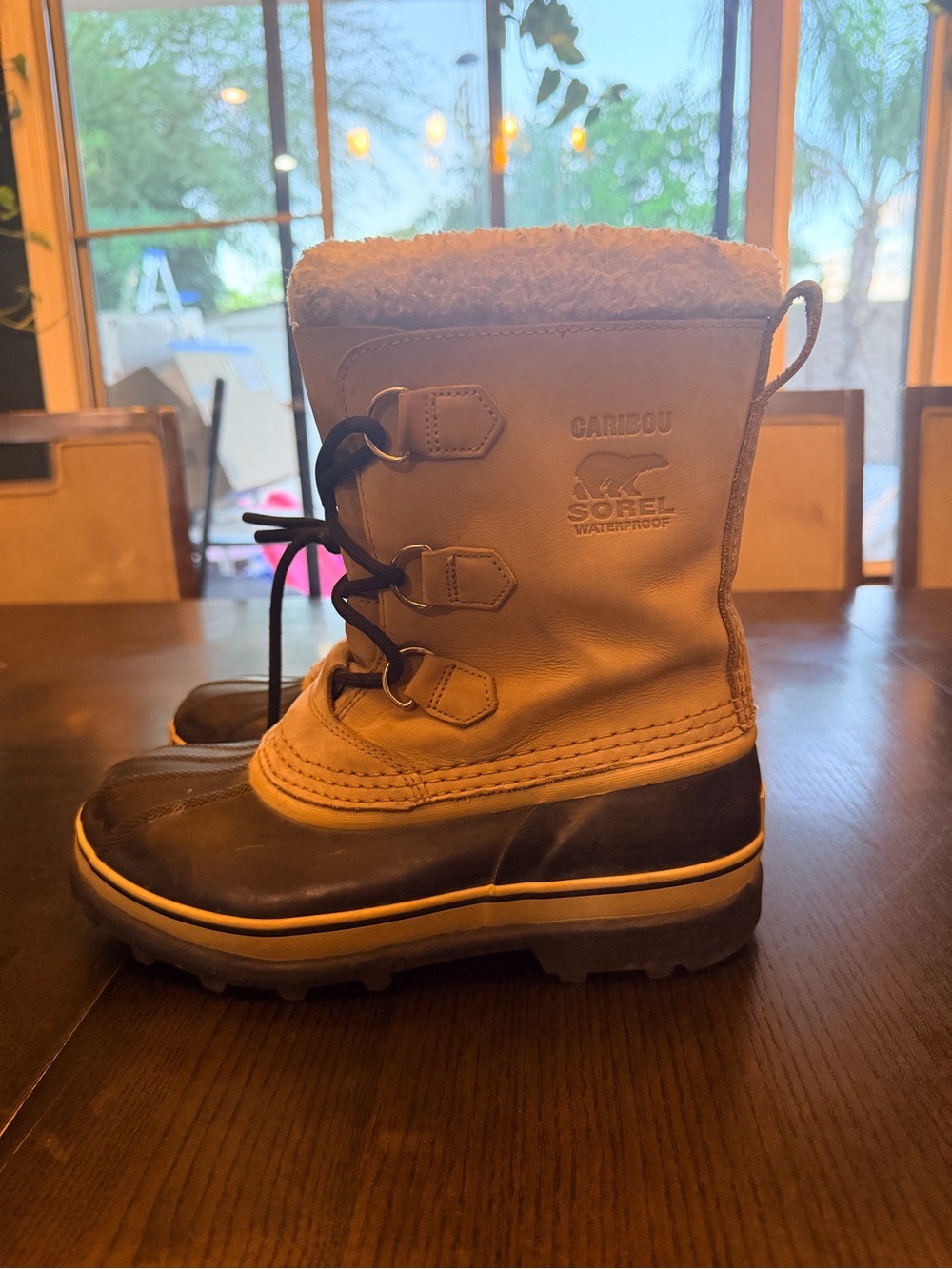 Sorel Men's Caribou Snow Boot in Tan and Black with Sherpa Collar